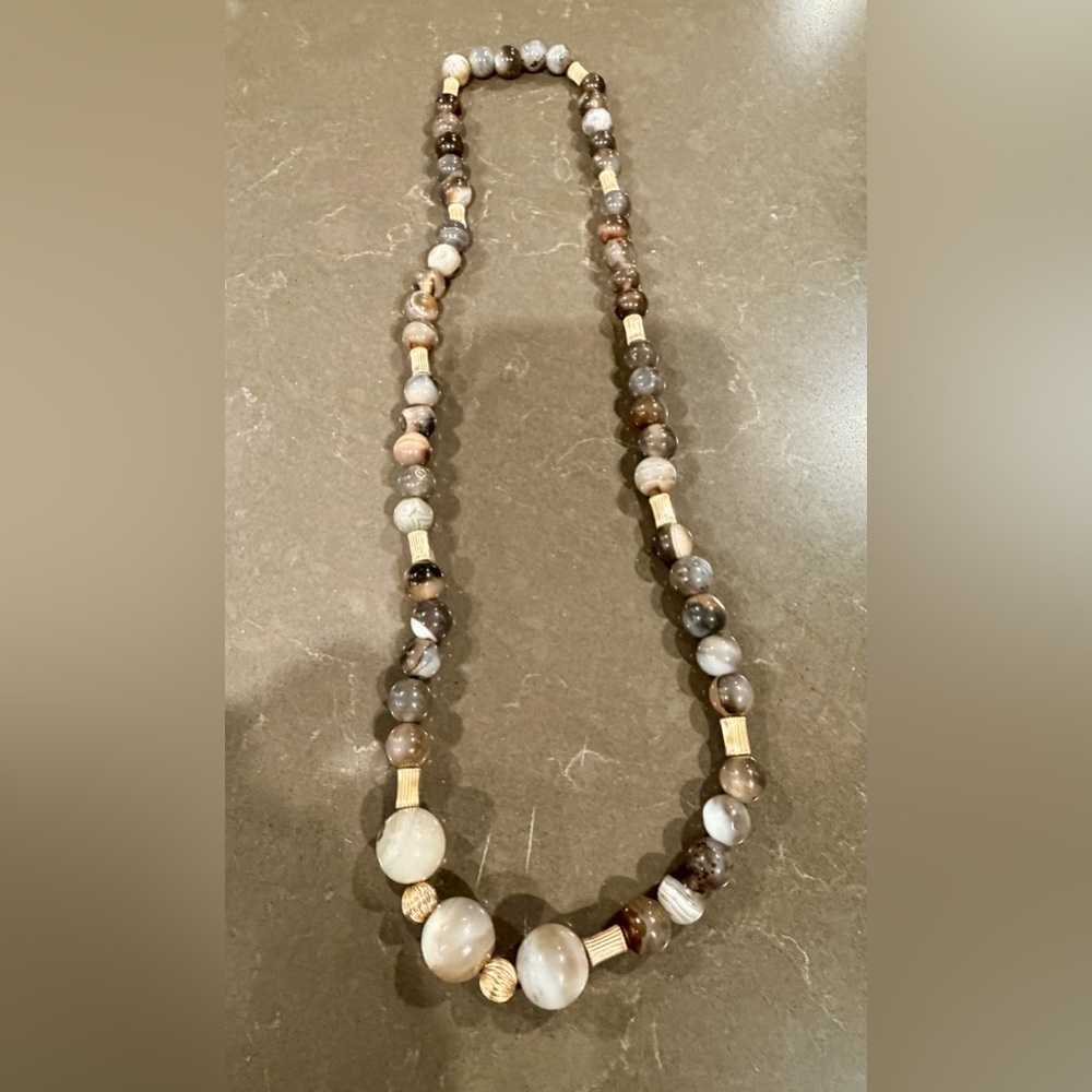 Vintage Botswana Agate gemstone necklace with 14K gold corrugated Beads.
